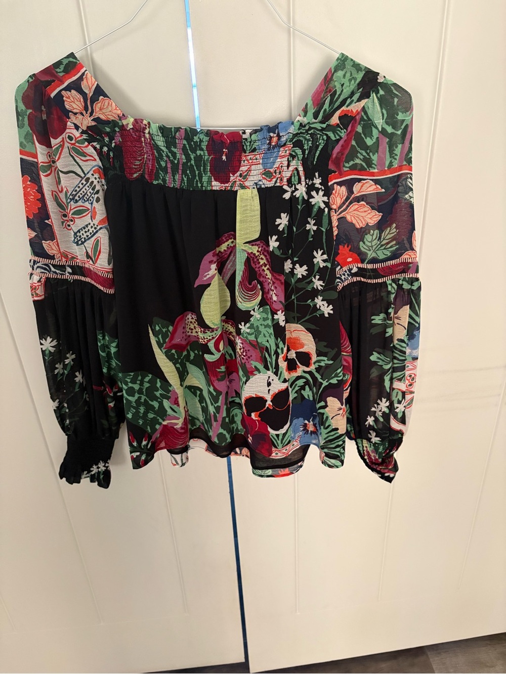 Anthropologie Black Floral Off-Shoulder Peasant Top